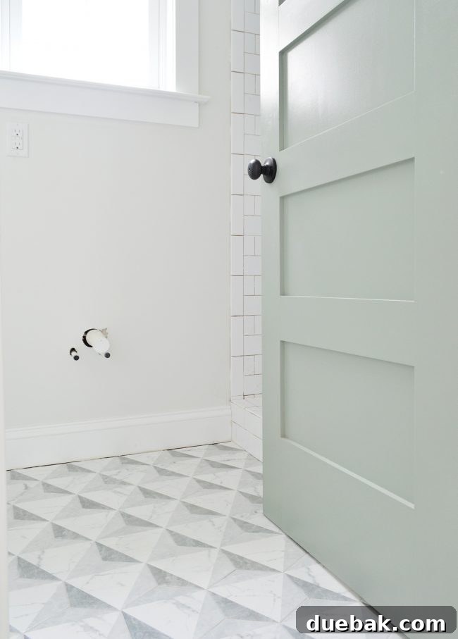 Detailed shot of a bathroom featuring marble-look hex floor tile, white subway wall tile, and a blue-green door.
