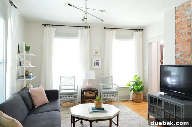Beach house living room with 9-foot ceilings