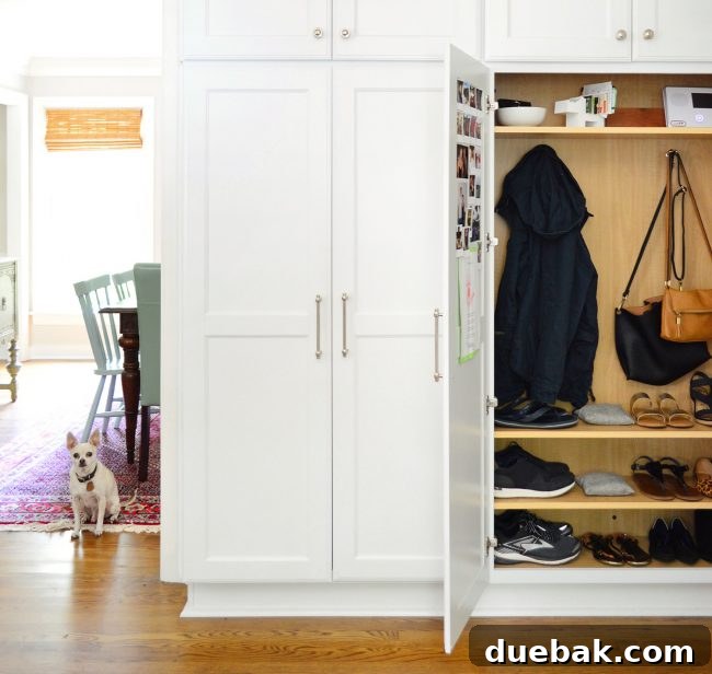 Makeshift mudroom area in kitchen