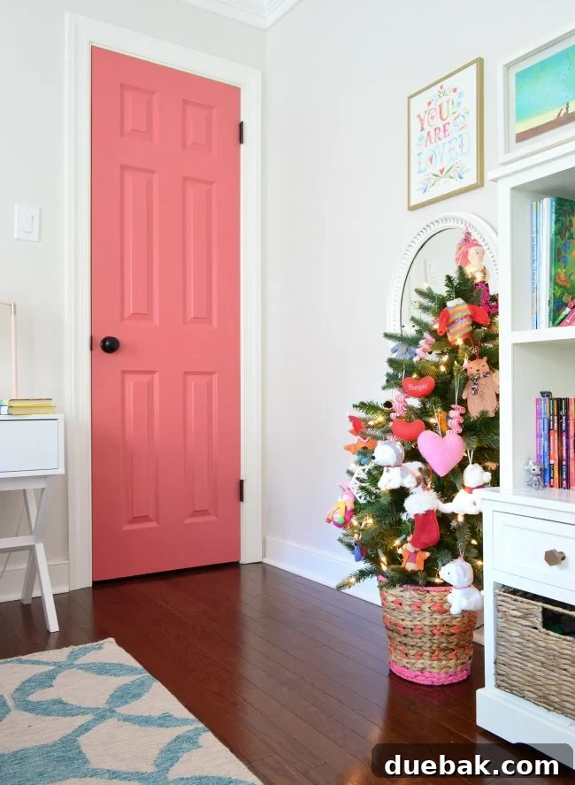 Double the Sparkle: Holiday Decorating at Home and the Beach 13 A child's Christmas tree placed in a colorful painted basket.
