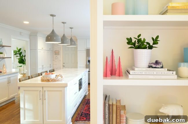 Double the Sparkle: Holiday Decorating at Home and the Beach 5 Pink wooden trees decorating built-in bookshelves in a living room.