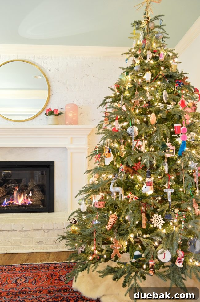 Double the Sparkle: Holiday Decorating at Home and the Beach 8 A brightly decorated Christmas tree filled with a mix of handmade and collected ornaments.
