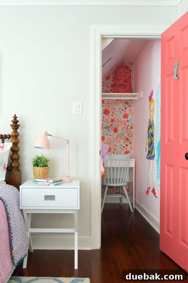 One Small Space, Three Big Decisions 3 girls bedroom closet pink door wallpaper