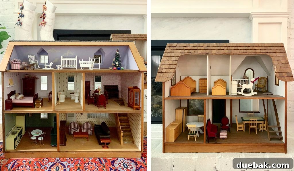 Close-up view of the interior of a dollhouse, showcasing miniature furniture and decorations.