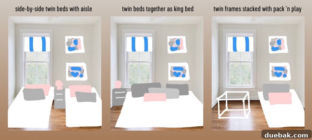 An image of a pop-up trundle bed from Ikea, shown with two twin mattresses at the same level, forming a larger sleeping surface.