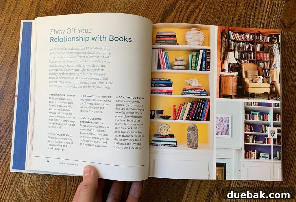 Real Housewives: Airbnb Edition 9 A page from 'Lovable Livable Home' showing different bookcase styling ideas, including a densely packed bookcase and one organized by category.