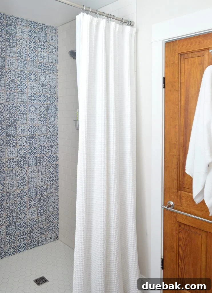 Blue Accent Tile In Shower Of Hall Bathroom With Wood Door