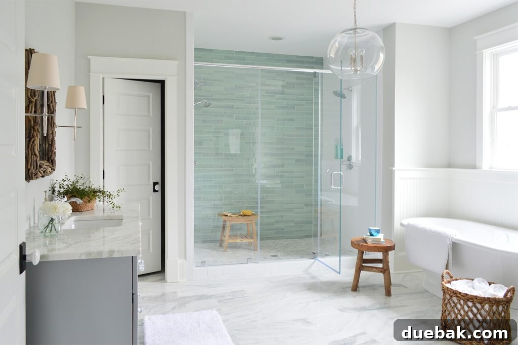 Aqua Glass Accent Shower Tile In Large Master Bathroom