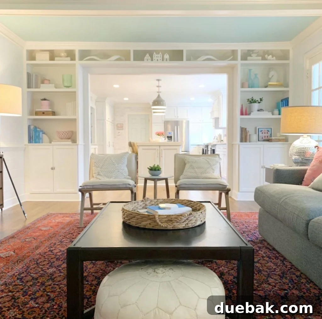Living Room With Built In Bookcases and Wood Coffee Table