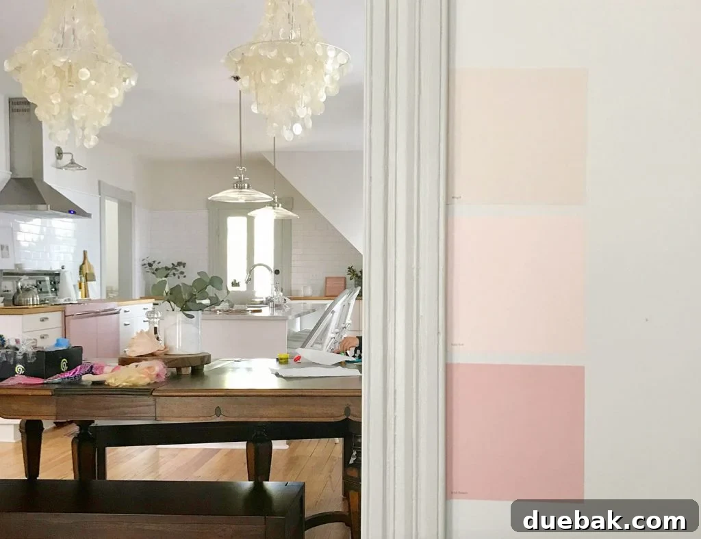 Unplugging: The Surprising Ways Your Life Changes 2 Pink paint swatches tested on a wall for beach house living room