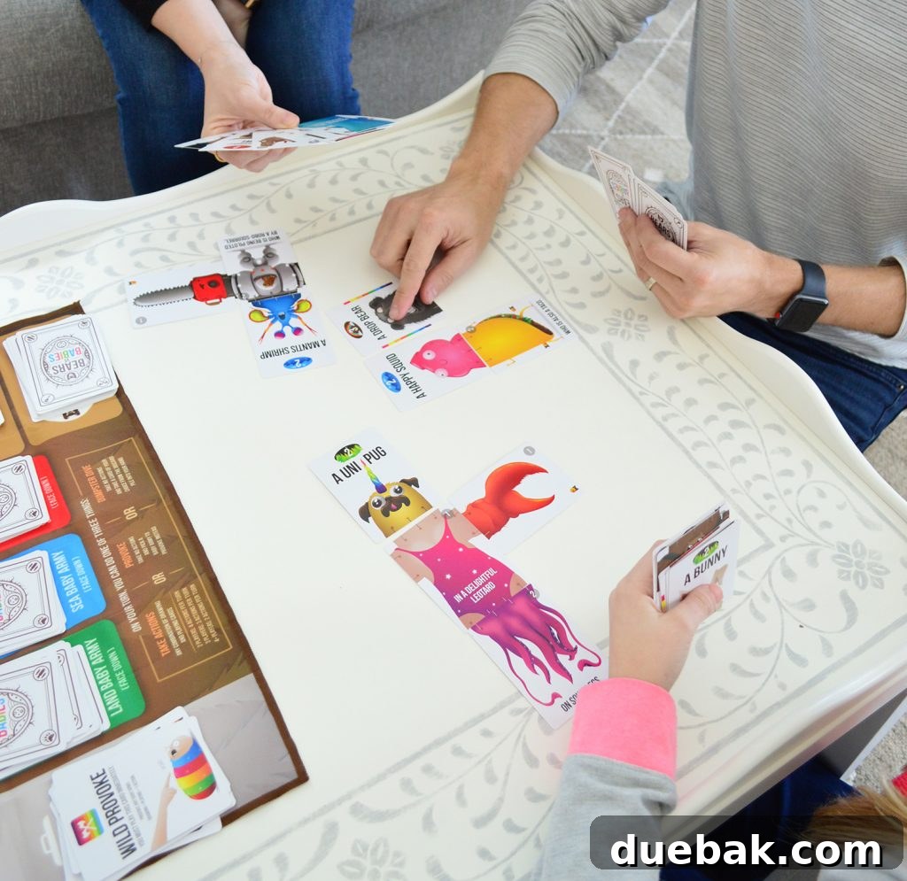 Hands playing the Bears vs. Babies board game on the stenciled coffee table, showcasing its functionality for family activities.