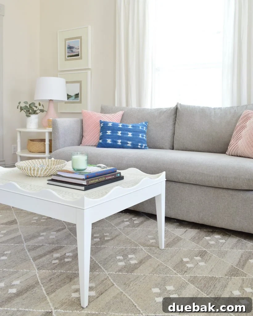 Close-up of the patterned gray rug, highlighting its texture and forgiving color variations.