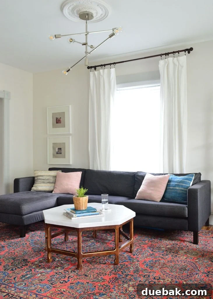 Gray wall living room with a previous red vintage rug and dark navy Ikea sectional, showcasing the former, darker aesthetic.