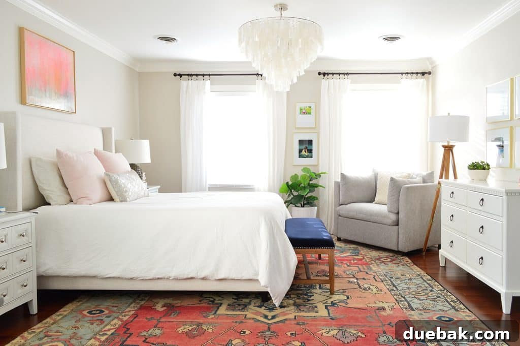 Master bedroom with two closely spaced windows on one wall, demonstrating custom curtain rod placement.