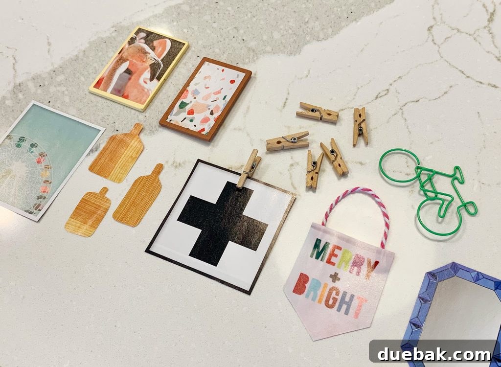 Our kitchen counter workspace, cluttered with miniature crafting supplies and creative ideas for the dollhouse.