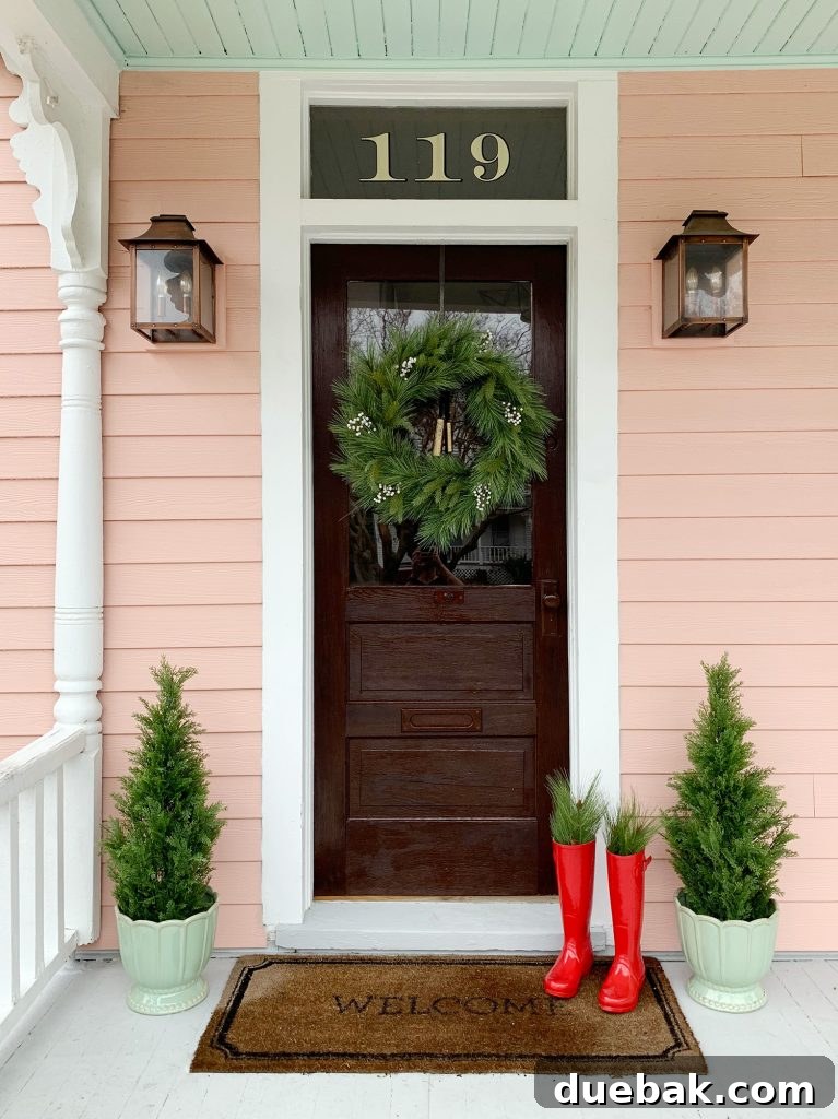 Beach house front door with faux bushes in planters