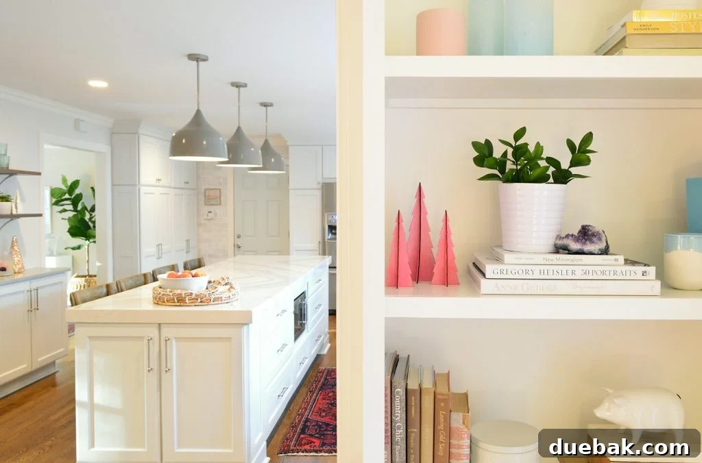 Plant on built-in bookcase in living room with kitchen in the background