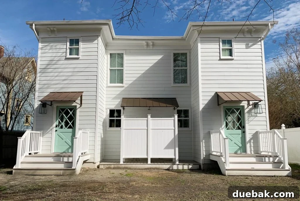 Plan for the duplex backyard showing the dividing fence and flexible 6-foot gate for merging outdoor spaces