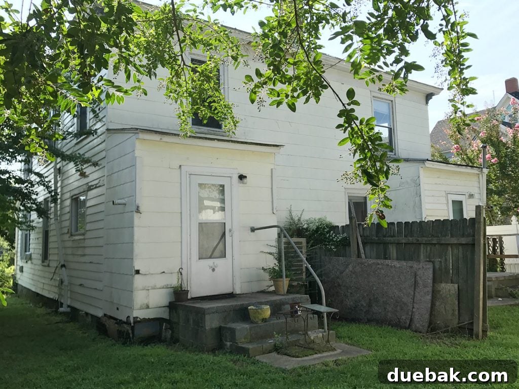 Before image of the duplex backyard, showing lush trees and green grass before renovation