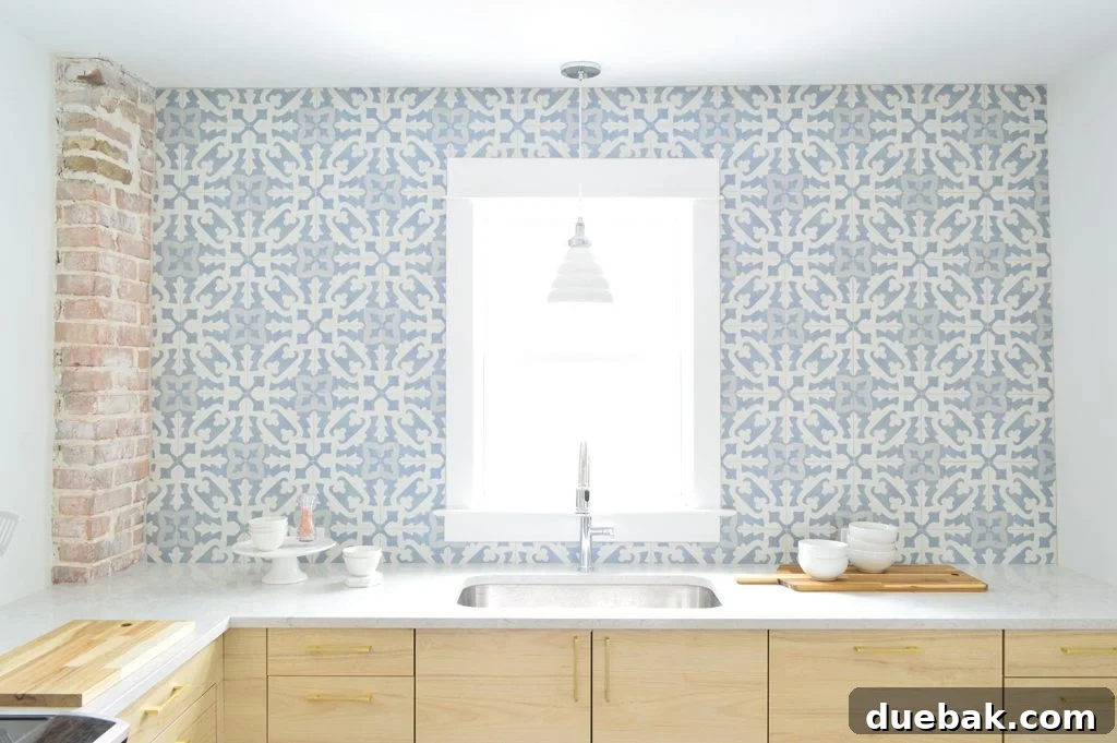 Full Wall of Blue Patterned Backsplash Tile from Tile Bar Installed