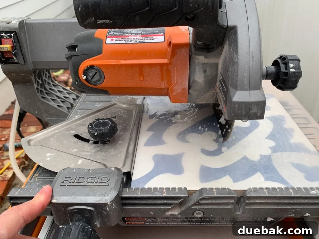Cutting Patterned Tile on a Wet Saw Using a Guide for Consistent Sizing