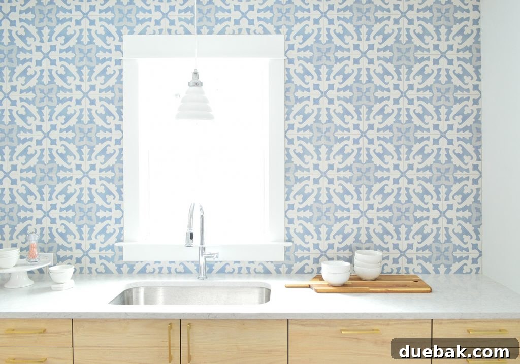 Blue Tile Bar Patterned Backsplash with Wood Cabinets and Undercut Trim
