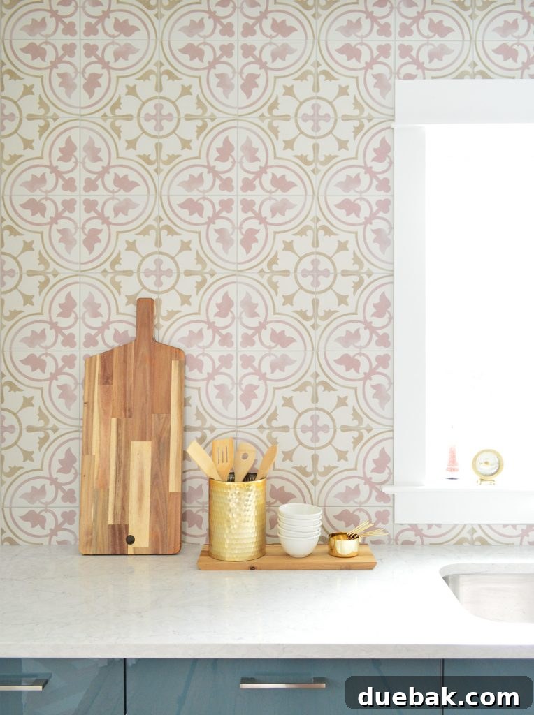 Close-up of Pink Patterned Tile Backsplash with Cutting Board Leaned Up