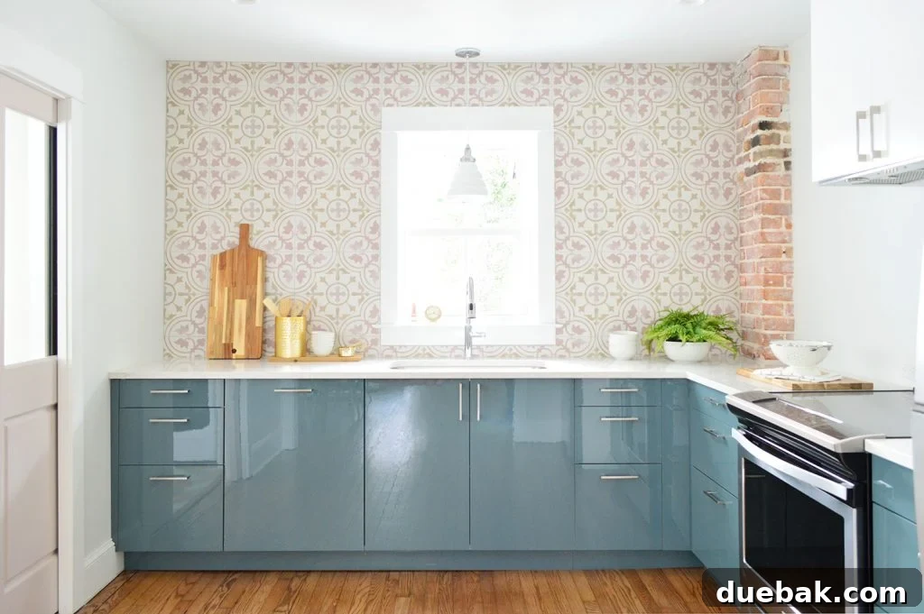 Newly Installed Pink Tile Bar Backsplash in a Blue Ikea Kitchen