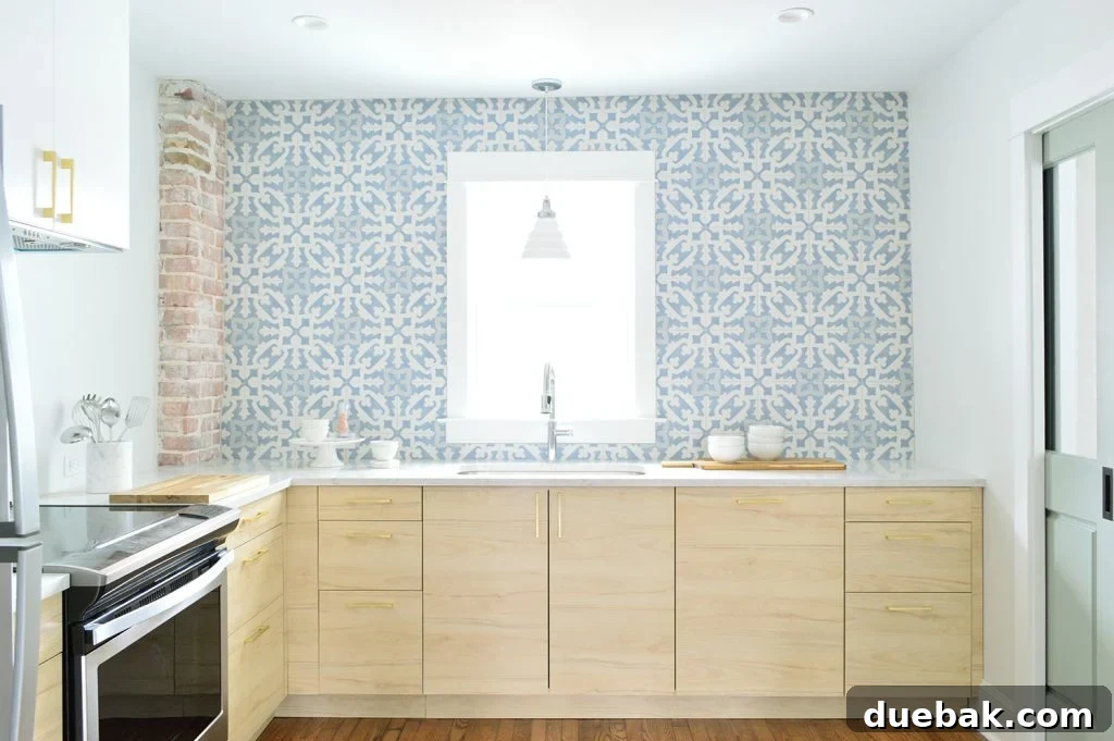 Wood Ikea Kitchen with Exposed Brick Chimney and Blue White Patterned Tile Backsplash