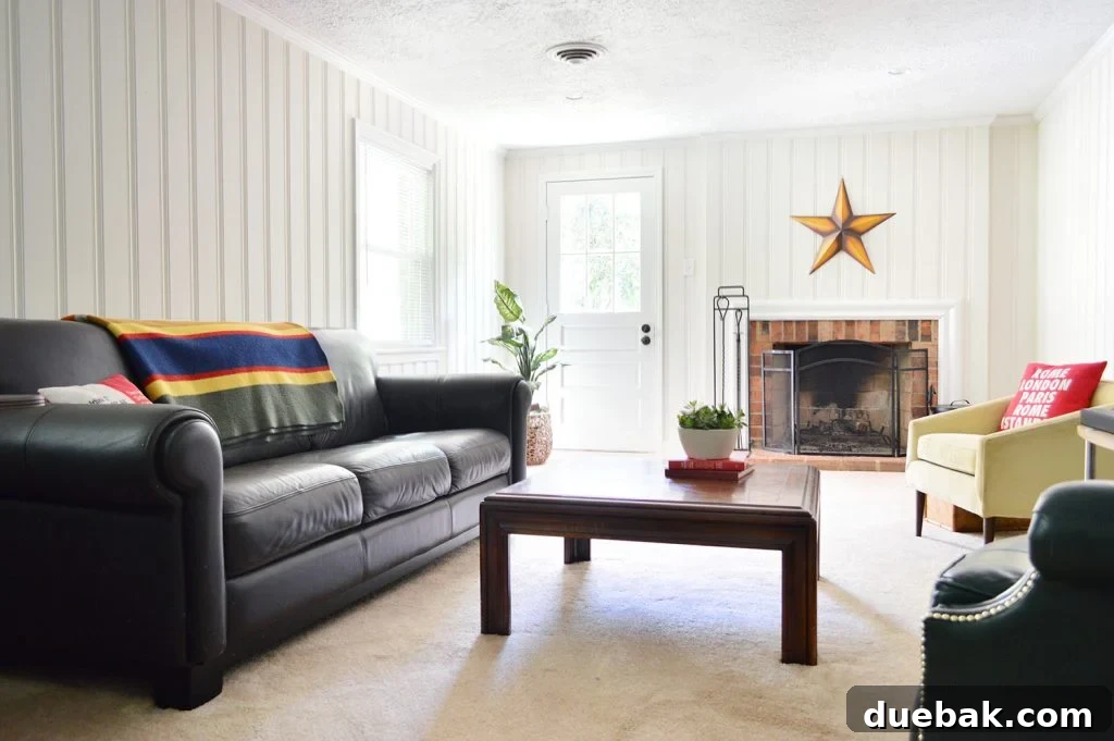 Before and after of a staged basement living space, showing a dramatic transformation from a cluttered gaming room to a minimalist, inviting lounge area.