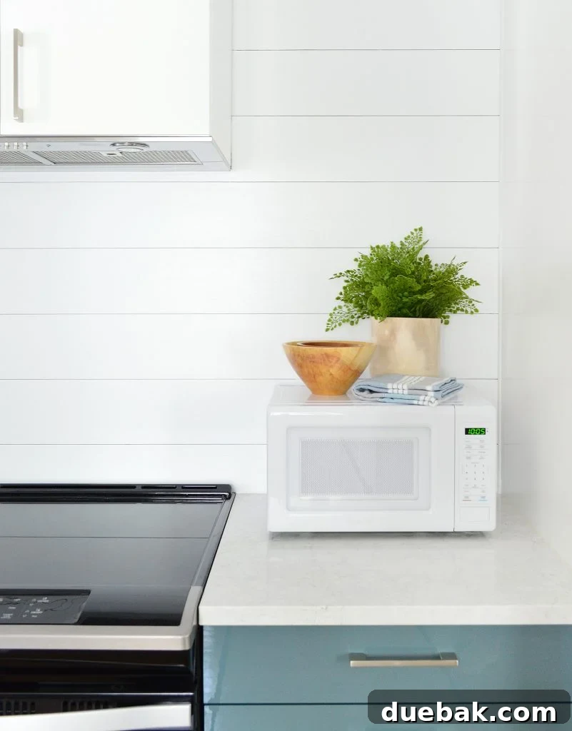 Dual Kitchen Transformations: Our Airbnb's Story 11 Close-up detail of the white shiplap planking in a duplex kitchen with blue Ikea cabinets and a stainless steel range.