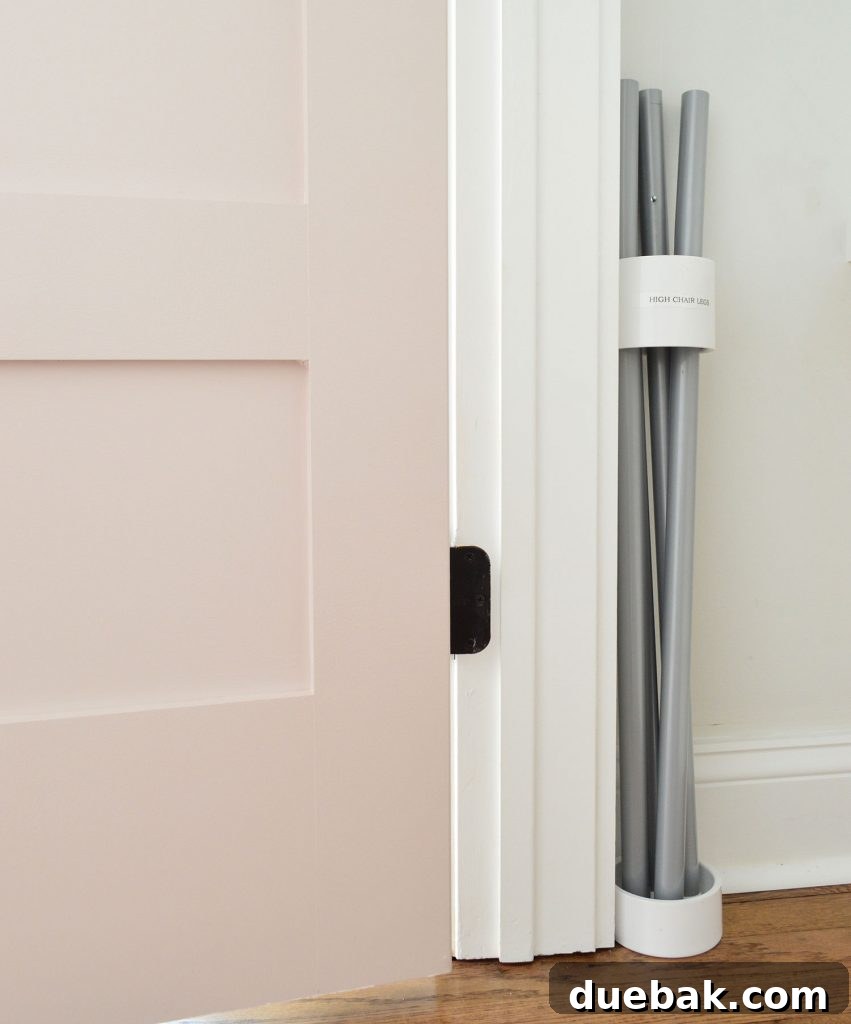 DIY high chair leg holder made from PVC pipes in the duplex linen closet.