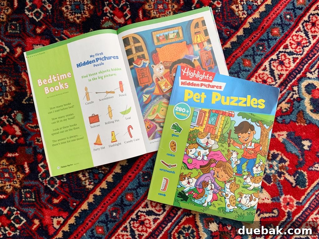 A child happily engrossed in a Highlights magazine, with its colorful pages and engaging activities visible.