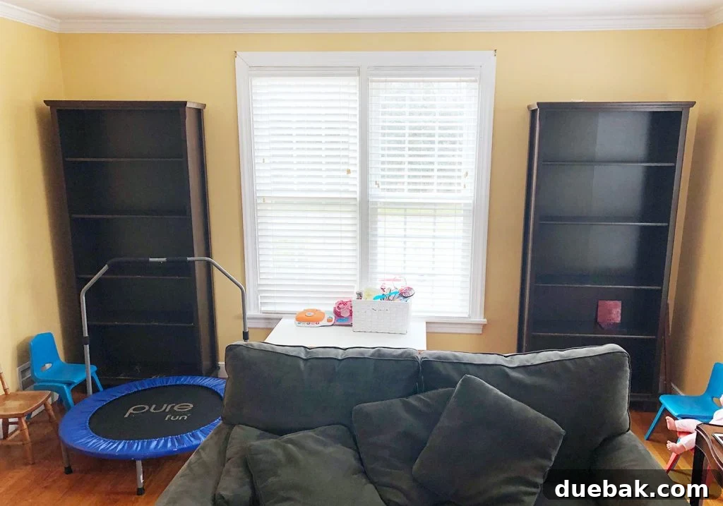 Curated Bookshelf Styling 3 Before photo of living room with Ikea bookcases.