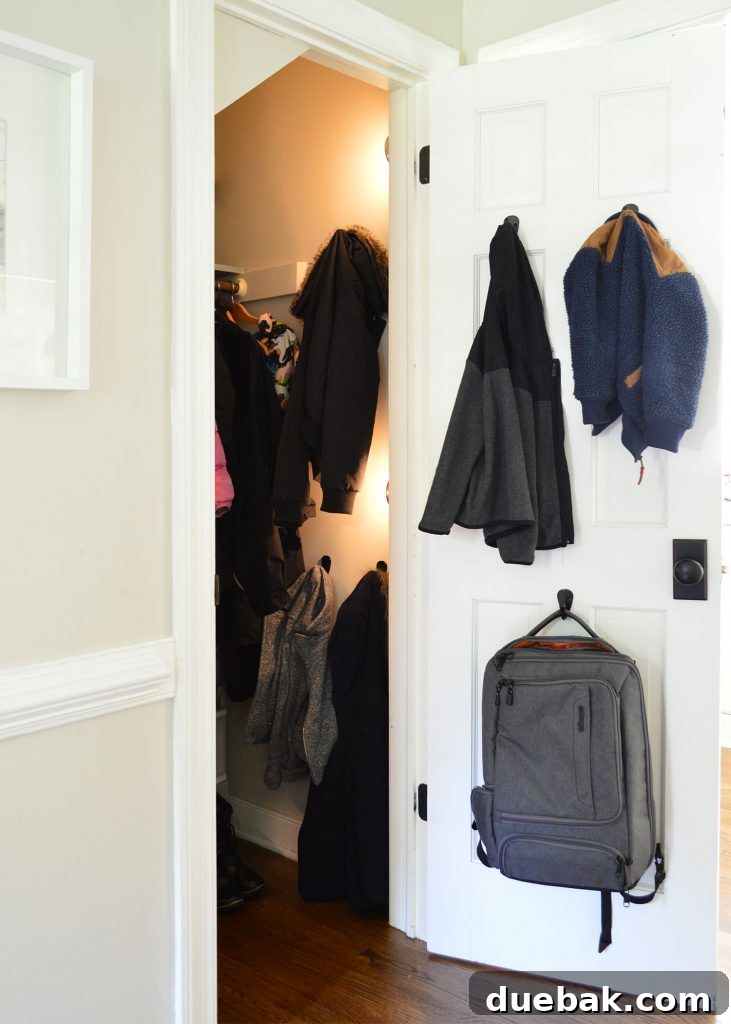 Motion-activated puck lights illuminating a coat closet, showcasing easy installation.