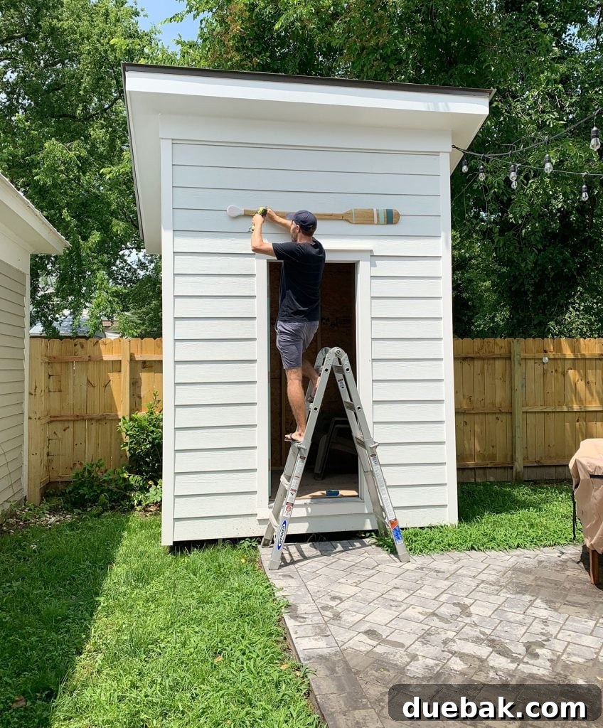 Decorative oars securely installed on a shed, complementing the outdoor space