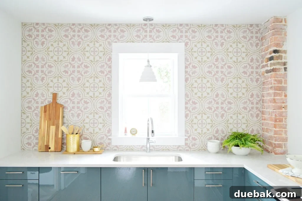 Pink Tile Bar Patterned Tile Installed In Blue Ikea Kitchen With Exposed Chimney