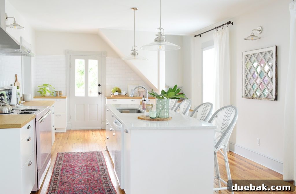 Beach House Kitchen With Pink Stove Vintage Rug