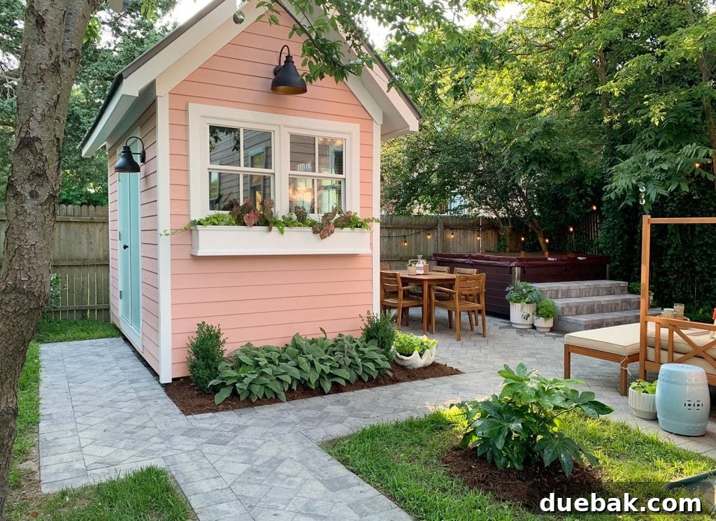 Taming the Beach House Shed 2 Pink beach house shed exterior with neatly organized backyard patio