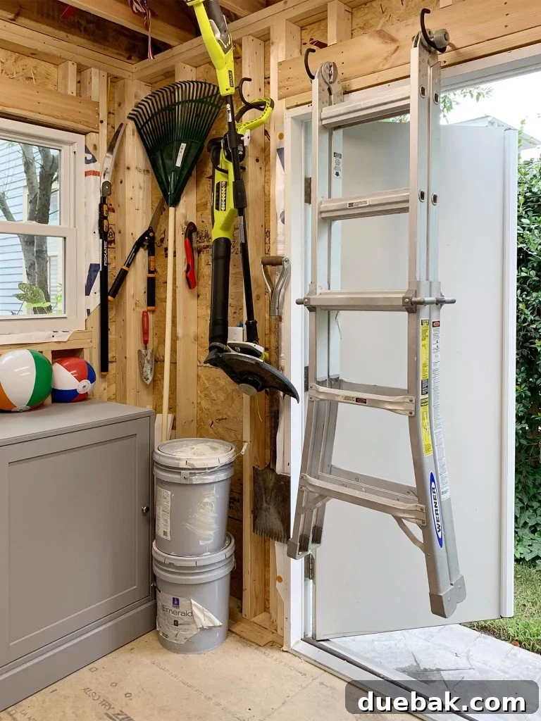 Taming the Beach House Shed 17 Ladder hung on the inside of one of the shed's double doors
