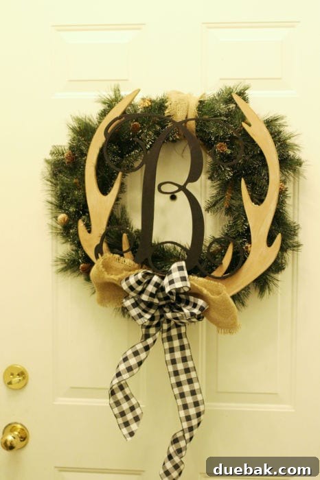 Monogrammed antler wreath for front door holiday decoration