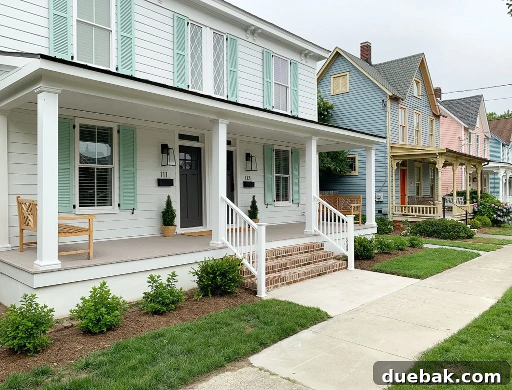Exterior of a white duplex with a blue door