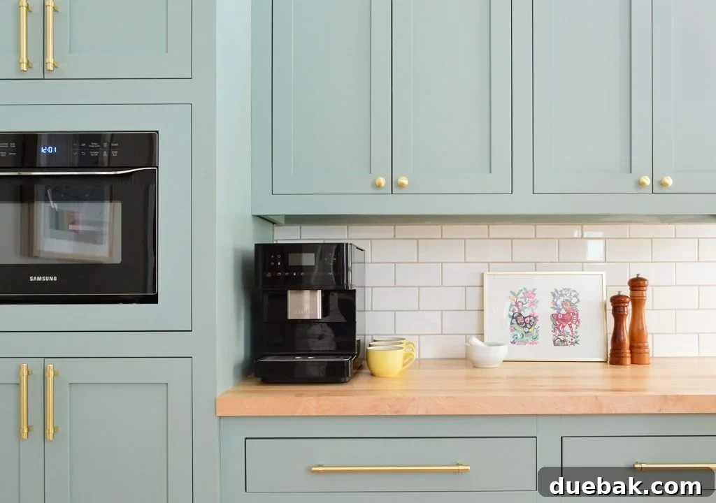 Elevate Your Kitchen Inset Doors for a Custom Cabinet Makeover 2 Espresso Machine On Coffee Counter In Halcyon Green Blue Kitchen