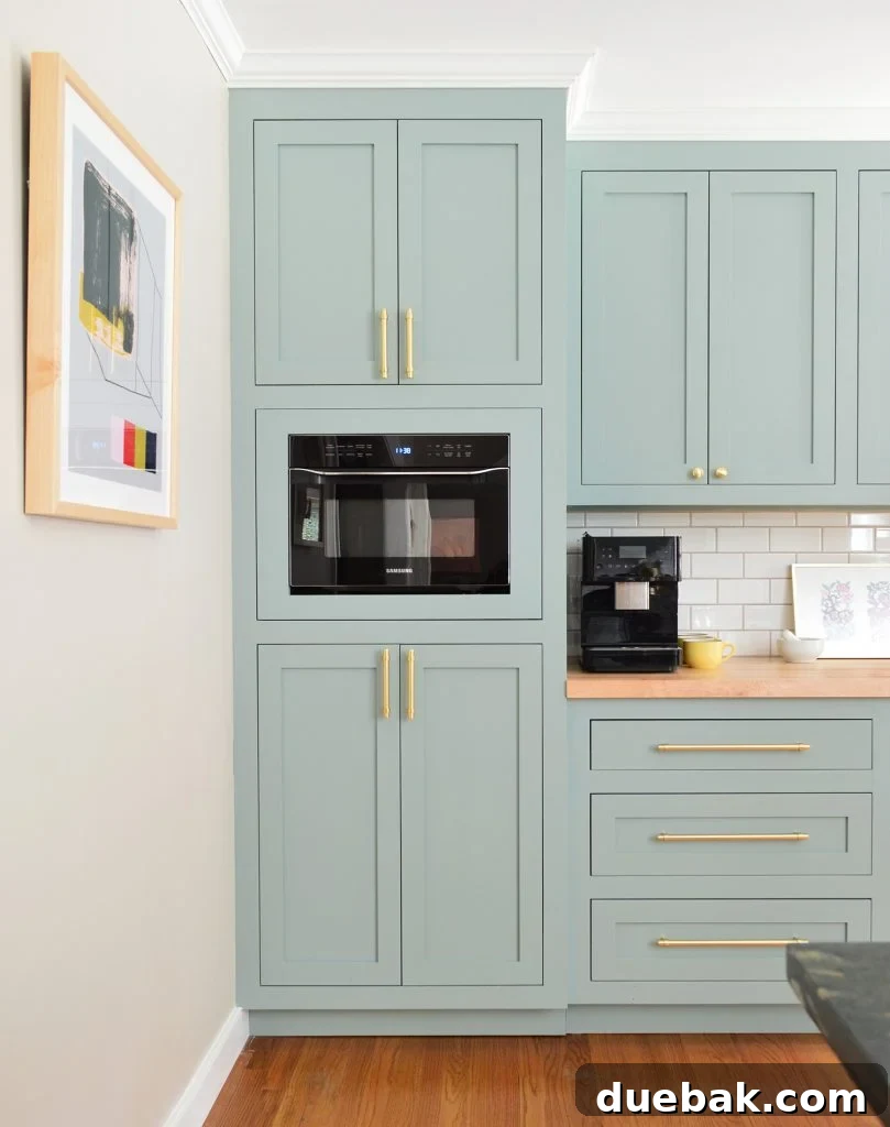 Elevate Your Kitchen Inset Doors for a Custom Cabinet Makeover 12 Tall Pantry Cabinet With Wall Microwave In Halcyon Green Blue Kitchen