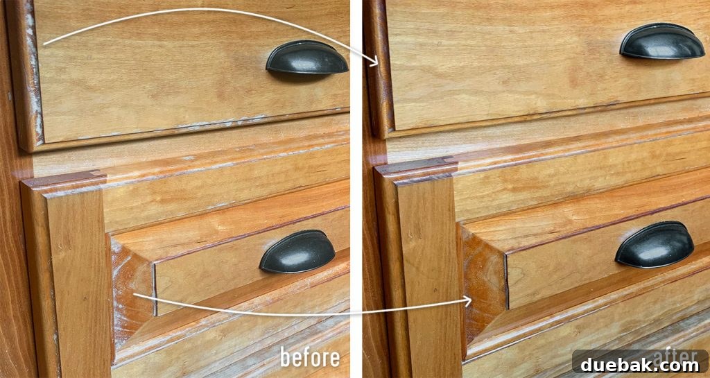 Elevate Your Kitchen Inset Doors for a Custom Cabinet Makeover 16 Side By Side Of Wood Cabinet Before And After Stain Pen Refresh