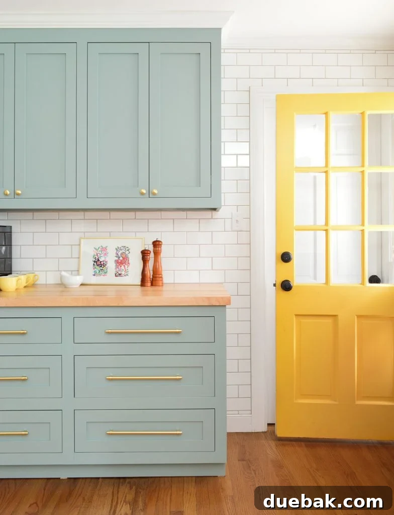 Elevate Your Kitchen Inset Doors for a Custom Cabinet Makeover 18 Bee Yellow Back Door Against Halcyon Green Blue Kitchen Cabinets