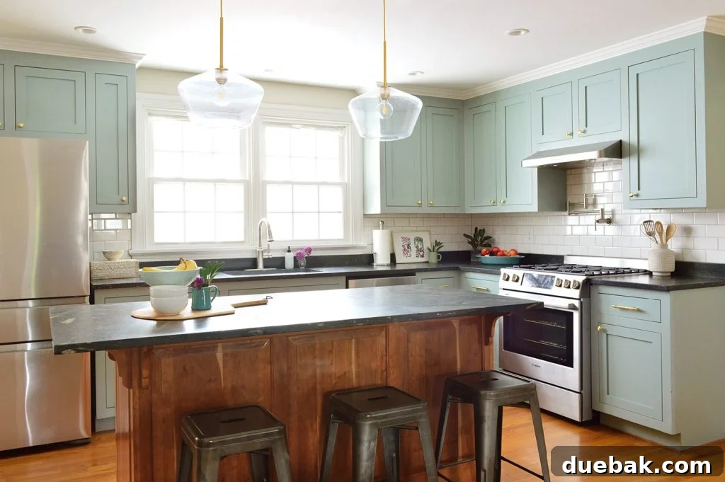 Elevate Your Kitchen Inset Doors for a Custom Cabinet Makeover 4 Halcyon Green Blue Kitchen Cabinet Makeover With Gold Hardware