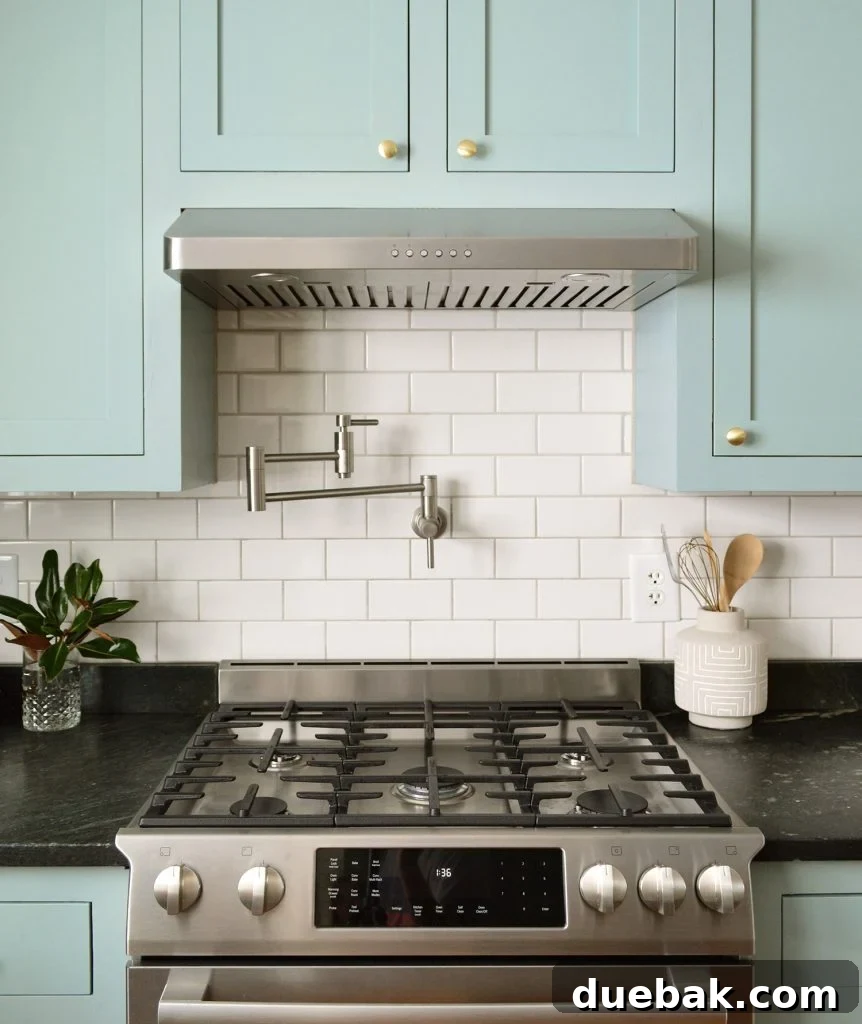 Elevate Your Kitchen Inset Doors for a Custom Cabinet Makeover 6 Pot Filler Over Stainless Steel Gas Range On Subway Tile Backsplash