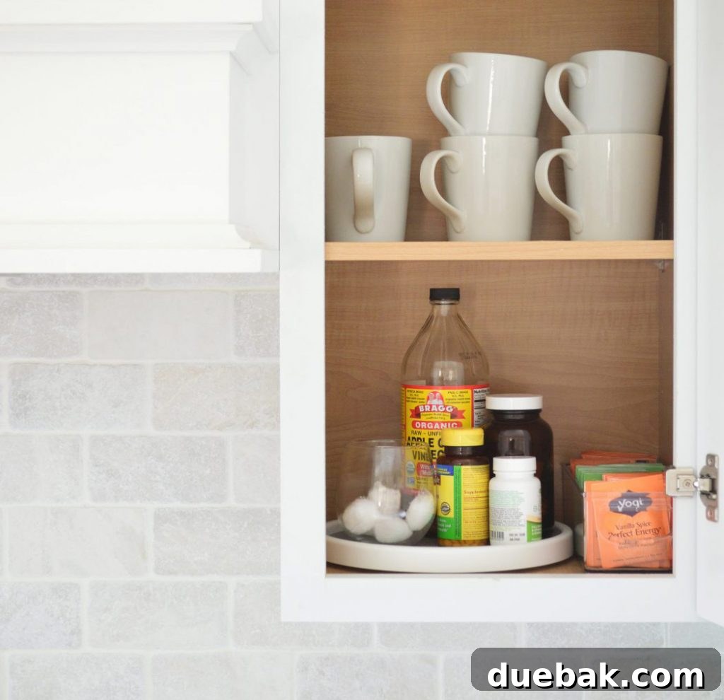 Simple Hacks for a Smoother Day 4 Sherry's organized morning routine essentials, including vitamins and face products next to tea mugs.