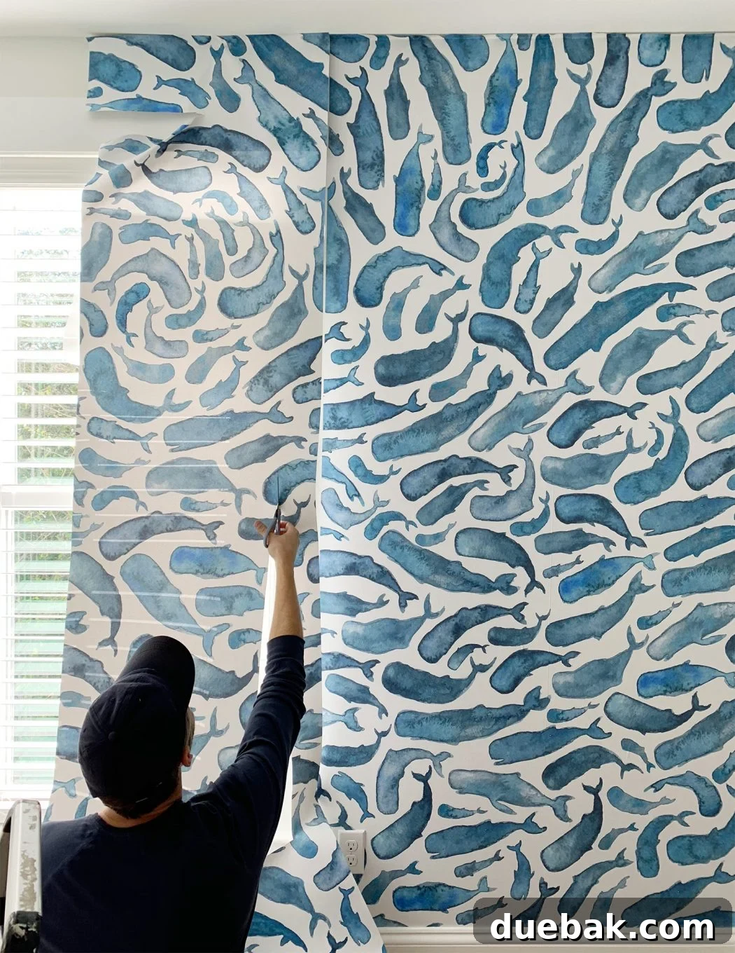 Effortlessly Install Peel and Stick Wallpaper 17 Sherry Trimming Colorful Blue Whale Wall Mural Around Window